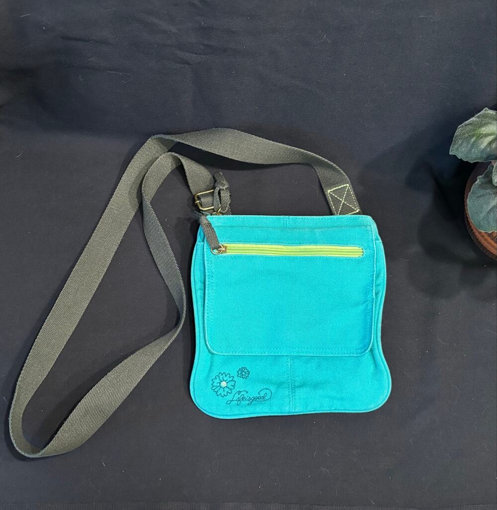 Life Is Good Canvas Sling Crossbody Bag Purse Turquoise Lime Olive Green
